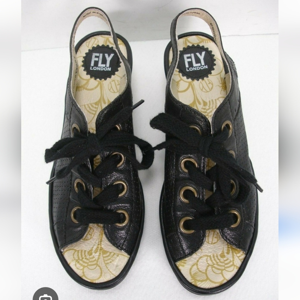 FLY LONDON BLK open toe sling backfront lace Wedge Platform Sandals shoes 39 EUC